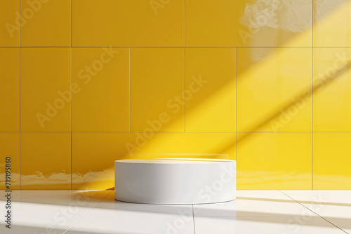 Abstract 3D white cylinder pedestal podium on the white table with yellow square tile texture wall scene