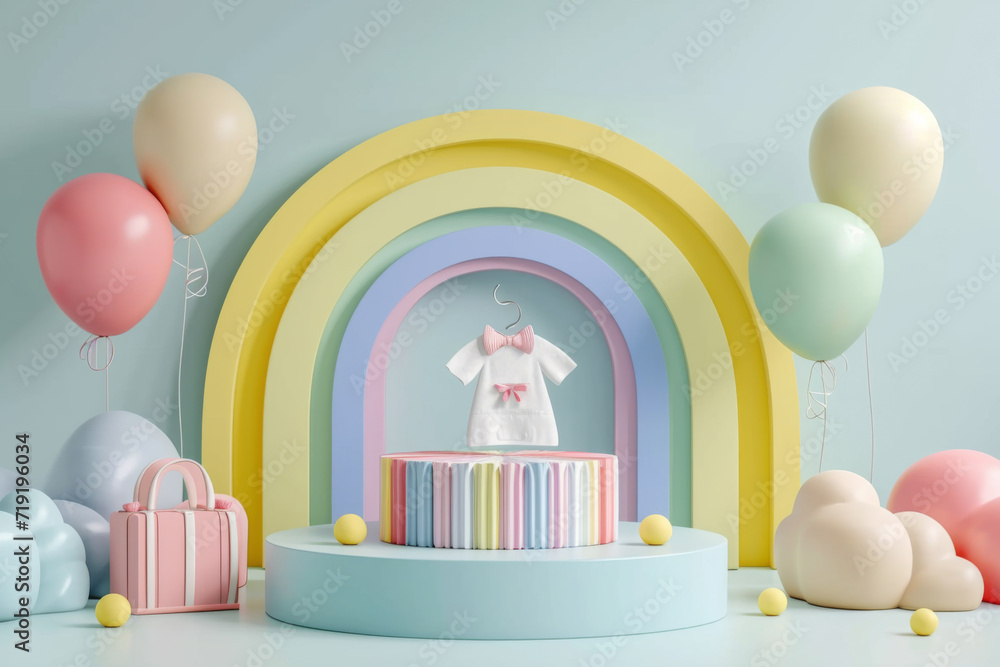 3D Vector baby product display podium banner with rainbow for the baby store online shopping kids clothes and toys banner fashion discount promotion for children on social media web design. 3D Vector baby product display podium banner with rainbow for the baby store online shopping kids clothes and toys banner fashion discount promotion for children on social media web design.