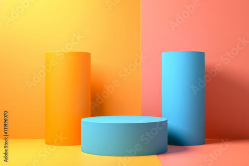 3D realistic yellow orange and blue cylinder product pedestal podium background.
