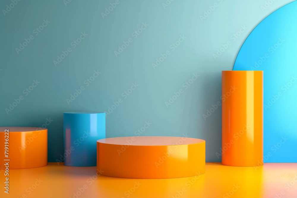 3D realistic yellow orange and blue cylinder product pedestal podium background. 3D realistic yellow orange and blue cylinder product pedestal podium background.