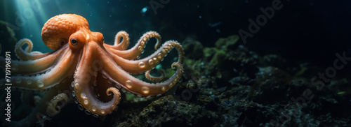 Diving into the underwater world, octopus Underwater against the background of the seabed, dark ocean depth background.Banner Marine life concept, underwater world scene.
