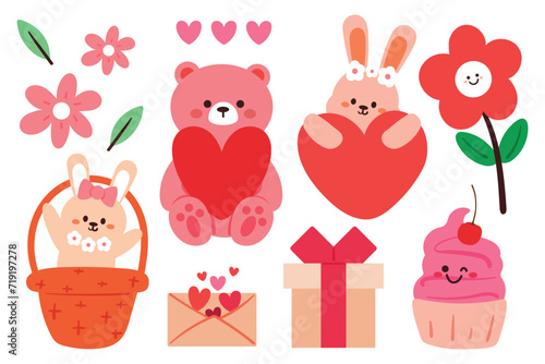 hand drawing cartoon animal with valentine element sticker set. cute valentine icon and doodle sticker