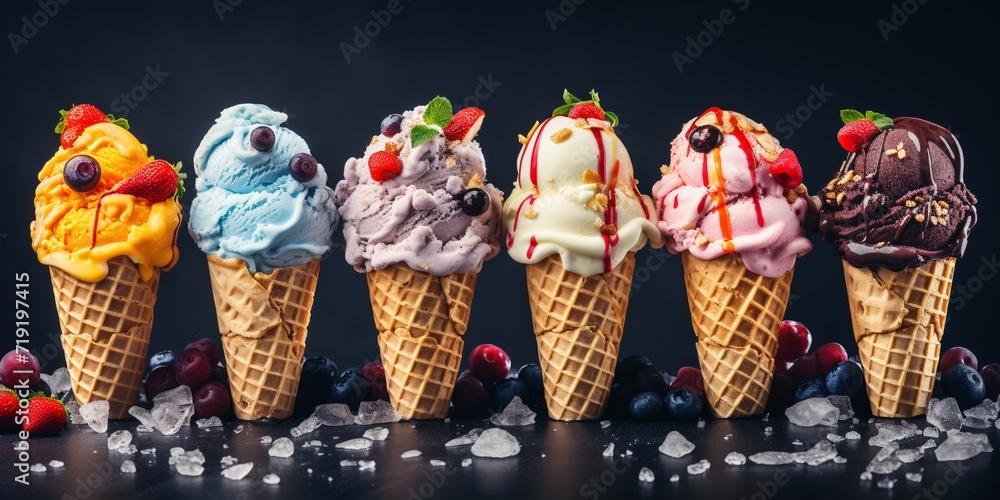 A variety of frozen treats in different flavors such as blueberry, strawberry, pistachio, almond, orange, and cherry displayed on a dark stone surface, representing a summer dessert menu.