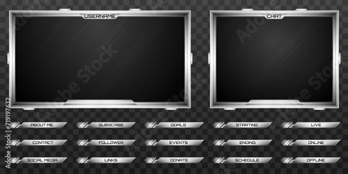 Live Stream Overlay Metallic Silver Border Webcam Screen Frame and Stream Alert GUI Panels for Gaming and Video Streaming Platforms