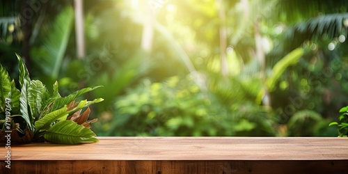Outdoor tropical garden forest with blurred green plant background, featuring an empty wooden counter podium showcasing organic products, representing the essence of spring and summer.