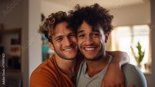 Close-up portrait of a happy laughing gay couple, friends at home.
