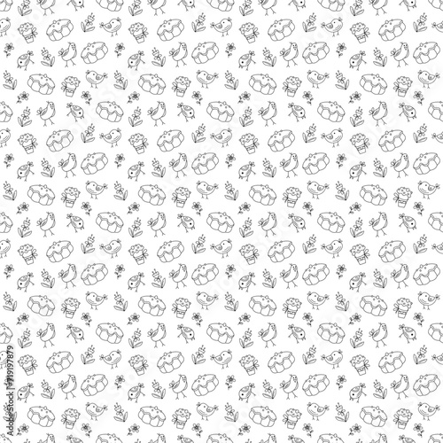 Seamless pattern with cute Easter chicks, Easter cakes and flowers. Doodle vector illustration.