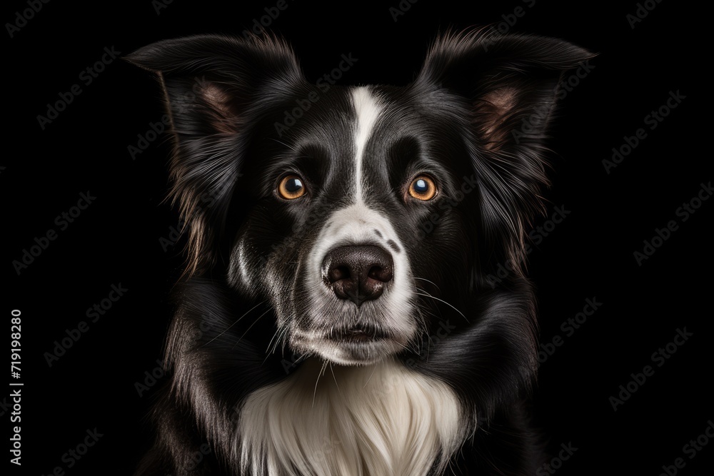 A black and white dog looks directly at the camera, capturing its attention.