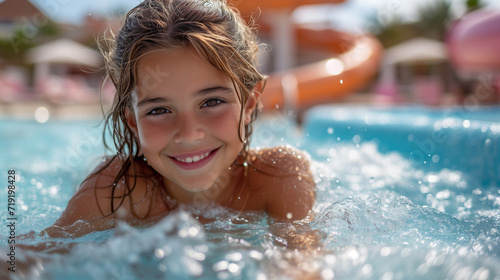 Girl smiling at a water slide and pool.