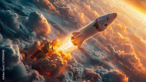Rocket flying high in the sky. 3d illustration. Fantasy. Spaceship launch into the sky. 3D illustration. photo