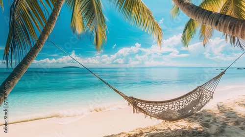A hammock hanging from some palm trees on the beach