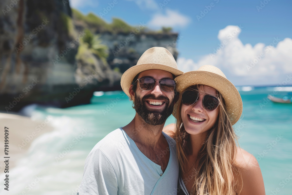 couple on beach for holiday adventure together on tropical island with space