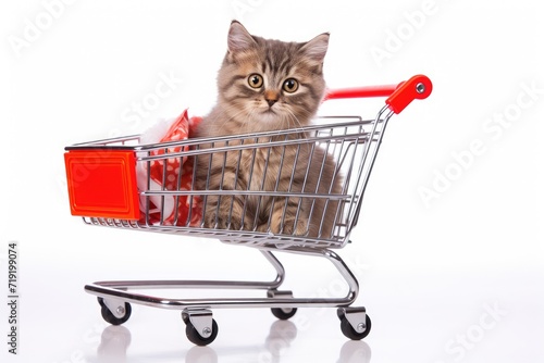 A cat comfortably sits inside a shopping cart, curiously observing its surroundings. photo