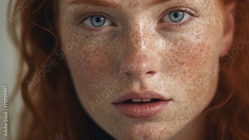 A detailed close-up of a womans face showcasing her freckles.
