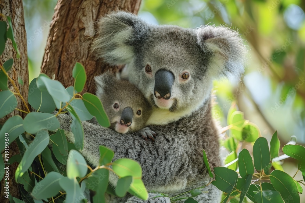 Obraz premium Koala with Newborn Joey in Eucalyptus Tree