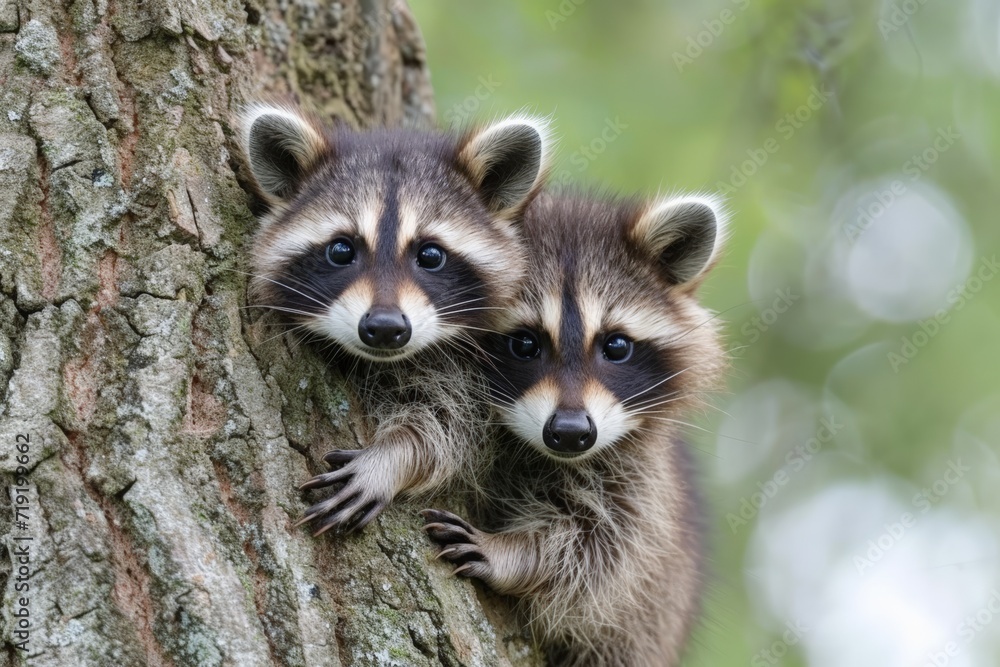 Obraz premium Baby raccoons climbing a tree