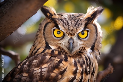 A large owl with bright yellow eyes perched on a sturdy tree branch  looking alert and observant.