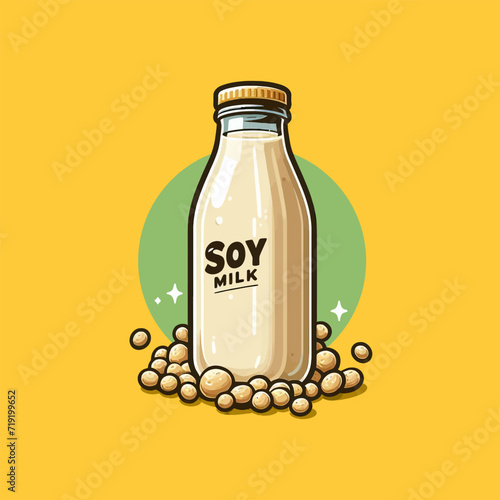 Bottled soy milk is served with soybean granules isolated vector illustration concept