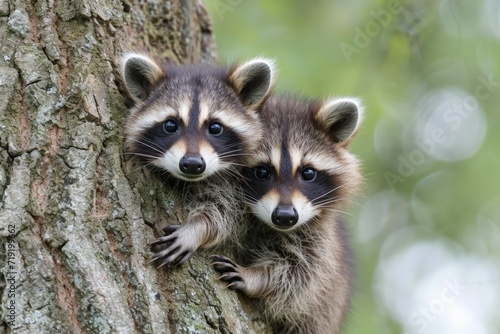 Baby raccoons climbing a tree