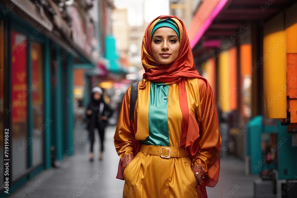 futuristic modern colorful stylish outfit photoshoot of a muslim hijab woman in dynamic shot happy and positive for modest trendy arab women fashion as wide banner with copysapce