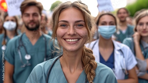 A group of people in medical uniform, a rally of doctors with the unity and determination of healthcare professionals. Concept: medical workers, strike or social issues in health and clinics  © Marynkka_muis_ua
