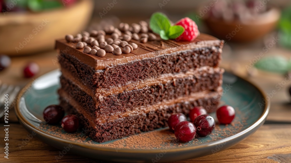 chocloate cake piece on a plate well decorated product photo chocloate cake piece on a plate well decorated product photo