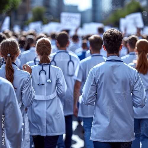 A group of people in medical uniform, a rally of doctors with the unity and determination of healthcare professionals. Concept: medical workers, strike or social issues in health and clinics 