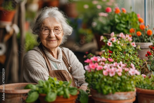 Senior Woman with Flower Pots in Garden