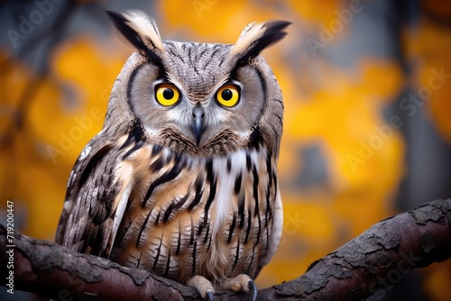 An owl with striking yellow eyes perched on a sturdy branch in a natural setting. © pham