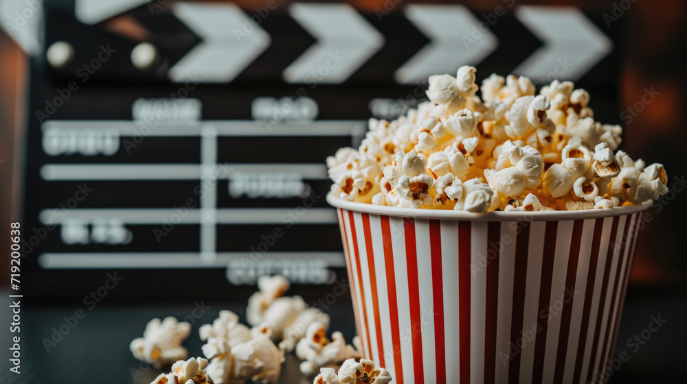 A bucket of popcorn and a movie clapper on an acer background. A bucket of popcorn and a movie clapper on an acer background.