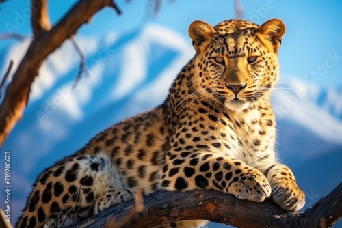 A leopard sits confidently on a tree branch, observing its surroundings and showcasing its agility and adaptability.