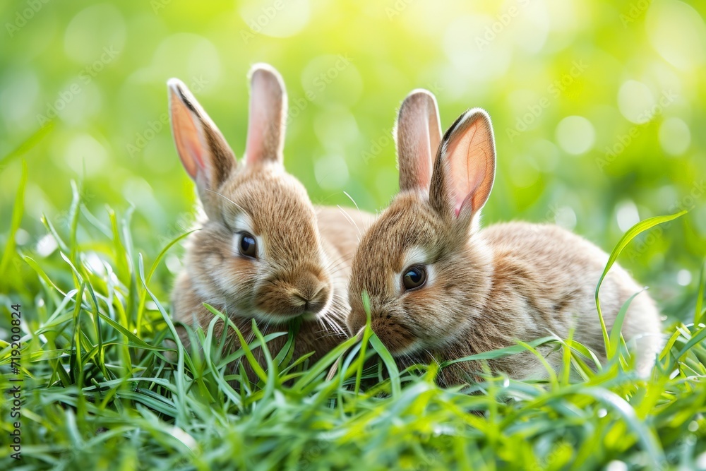 Fototapeta premium Bunnies Nibbling on Fresh Grass