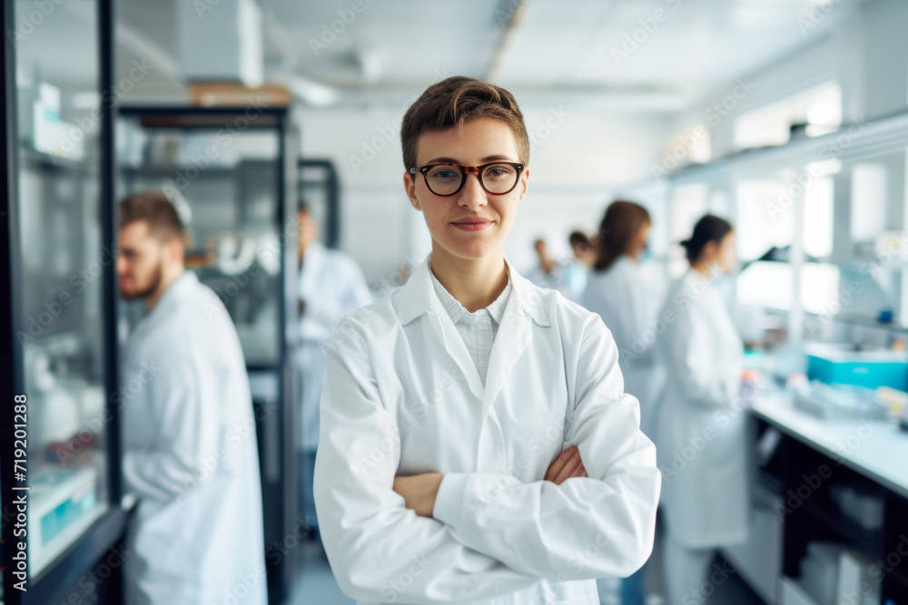 Young Male Researcher in Lab with Team.
A young male scientist with eyeglasses and arms crossed stands confidently in a laboratory, with colleagues working in the background.