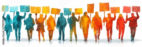Multi-colored silhouettes of people with posters on a white background. Concept: manifestations, social diversity and teamwork. Banner, copy space
