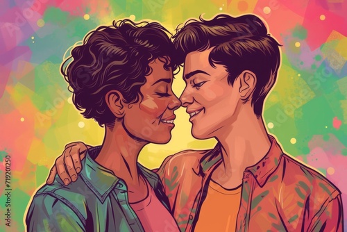 A comic style illustration of a day in the life of an LGBT+ couple, highlighting normalcy in diversity