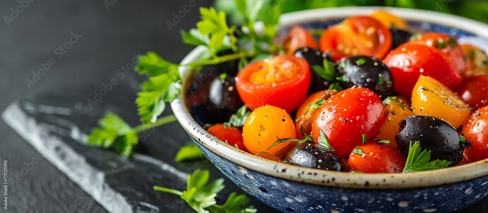 bowl of food with tomatoes and black olives on a dark background