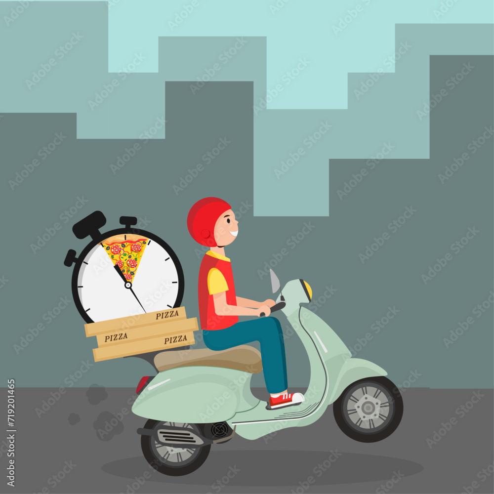 Pizza delivery with a man riding scooter across the city, fast pizza delivery. Stopwatch. Vector illustration