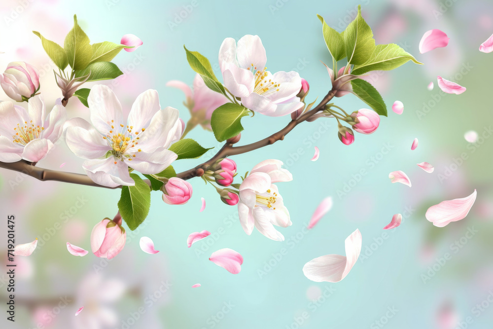 Vector background with spring apple blossom. Blossoming branch in springtime with falling petals