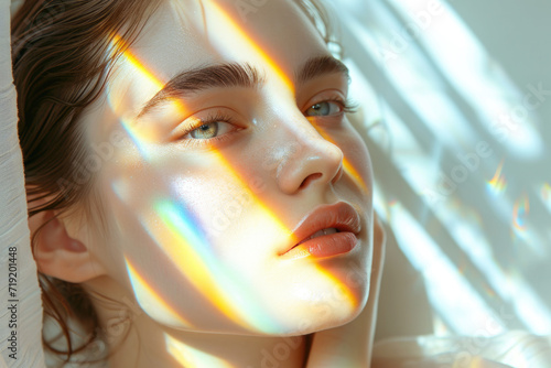 Close-up of a model's face with rays of sunlight through a prism.