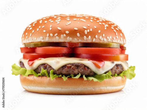 Big fresh burger on white transparent background,Double burger with vegan meat patty isolated on white background ai image 