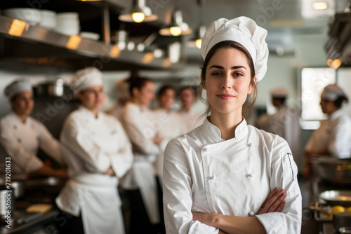 Portrait of chef standing with her team on background in commercial kitchen at restaurant photo