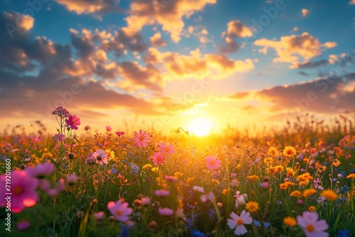 Sunrise over a vibrant spring meadow