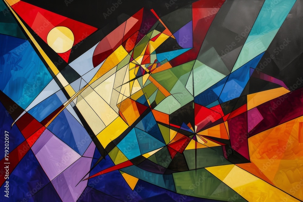 A cubist interpretation of a comet streaking across the sky, breaking into geometric shapes and vibrant colors