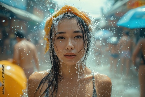 Beautiful Asian female tourist playing in the water on Songkran day Celebrate Songkran Festival Carrying colorful water guns and having fun splashing water on the streets of Thailand.