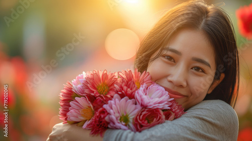 A beautiful Asian woman received a bouquet of flowers as a gift.