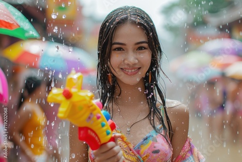 A beautiful Asian female tourist Playing in the water on Songkran Celebrate Songkran Festival Holding a colorful water gun with a fun water play on a street background in Thailand. © เลิศลักษณ์ ทิพชัย
