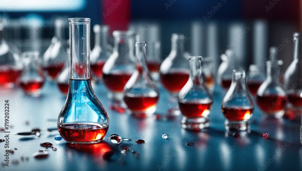 Test tube row, Concept of medical or science laboratory, liquid drop droplet with dropper in blue red tone background, close up, macro photography picture Test tube row, Concept of medical or science laboratory, liquid drop droplet with dropper in blue red tone background, close up, macro photography picture