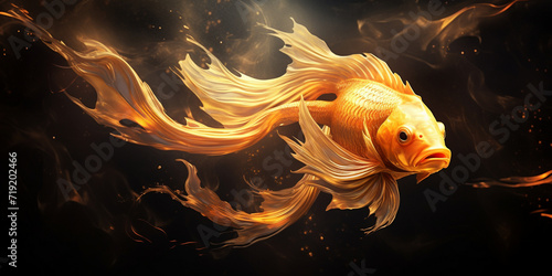 There is a gold fish with long hair and orange leaves, Goldfish with RibbonLike Fins Illustration, Golden Koi Fish Swimming in a Dark Pond, A gold fish with gold wings on a black background


 photo