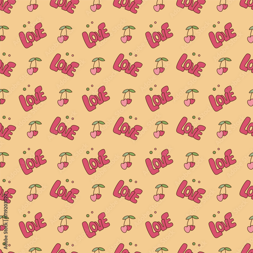 Seamless pattern with cute y2k cherry and text. Cartoon doodle vector illustration. Seamless pattern with cute y2k cherry and text. Cartoon doodle vector illustration.