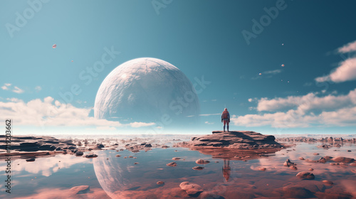 an astronaut standing on a rock looking at an alien object